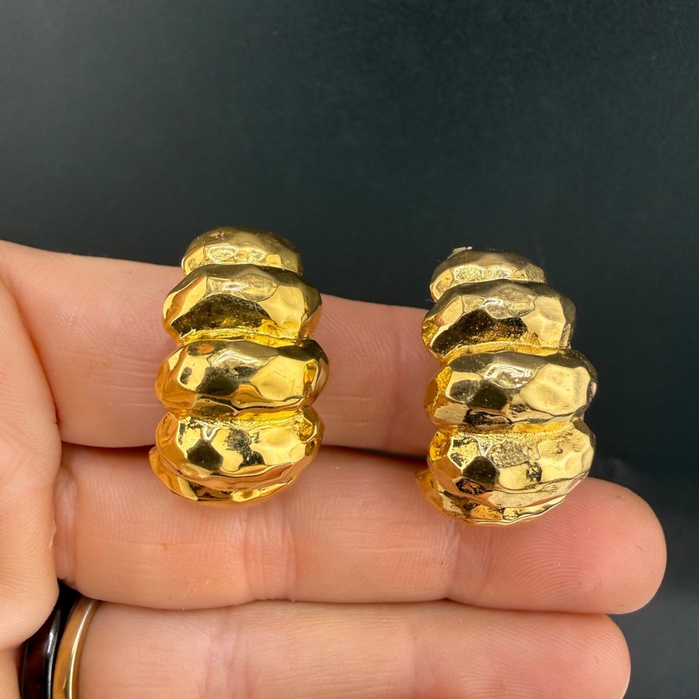 Vintage St John Clip On Earrings Gold Tone Half Hoop Hammered Texture